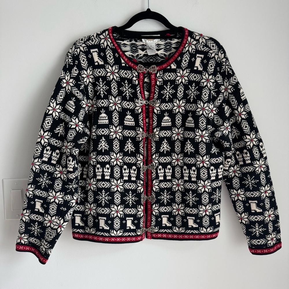 Talbots Black White Red Snowflake Winter Cardigan Sweater Nordic Fair Isle Sz LP